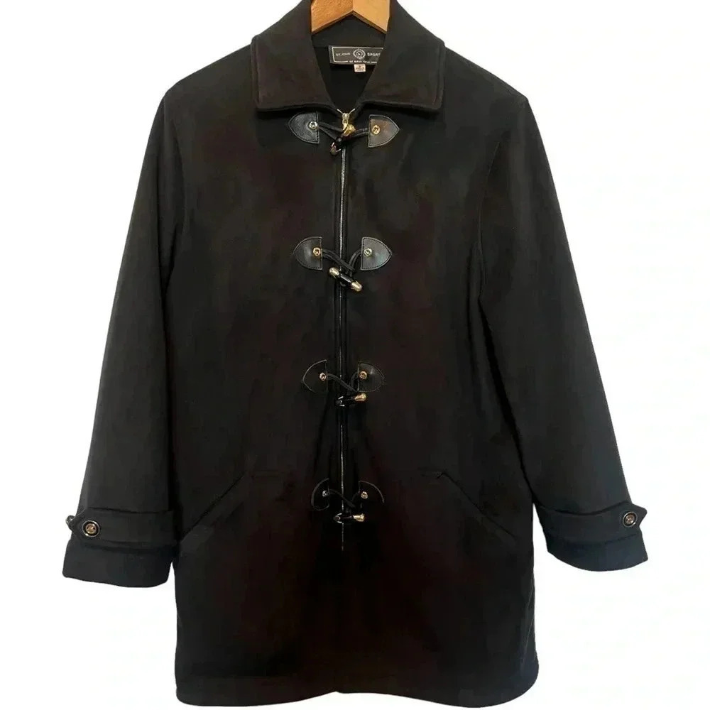 ST. JOHN SPORT | Toggle Button + Zip Coat | Black Suede-like w Gold accents | S